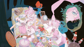 2girls absurdres animal_ears apple apron banana basket blue_eyes bow bread cake cake_slice chair cherry clock closed_mouth commission cup dress food fruit glass hai_yexing_ren hair_between_eyes hair_ornament hairpin hat heterochromia highres ice_cream leaf long_hair mihuashi_commission mirror multiple_girls multiple_views orange_hat original pink_bow pink_dress pink_eyes pink_hair plate puffy_short_sleeves puffy_sleeves short_sleeves sidelocks sitting stuffed_animal stuffed_toy table tablecloth watermark white_apron wrist_cuffs