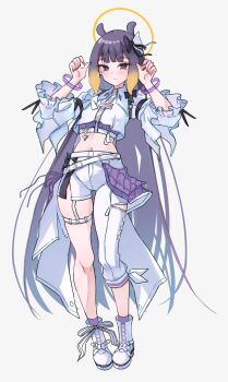 1girl absurdres asymmetrical_clothes belt blunt_bangs blush boots bow bracelet closed_mouth commentary cropped_shirt english_commentary engrish_commentary frilled_sleeves frills full_body gradient_hair grey_eyes hair_bow halo high_heel_boots high_heels highres hololive hololive_english hololive_idol_uniform_(color_rise) idol_clothes jewelry long_hair long_sleeves looking_at_viewer magui3 midriff mole mole_under_eye multicolored_hair nail_polish navel ninomae_ina&#039;nis official_alternate_costume orange_hair overskirt pants purple_hair purple_nails shirt simple_background single_pantsleg solo tentacle_hair thigh_strap very_long_hair virtual_youtuber white_background white_belt white_boots white_pants white_shirt