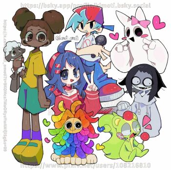 3boys 3girls :d afro_puffs ahoge amanda_(amanda_the_adventurer) amanda_the_adventurer arm_at_side backwards_hat banbaleena baseball_cap black_eyes black_hair black_mouth blood bloody_knife blue_hair blue_pants blush_stickers bow boyfriend_(friday_night_funkin') brown_hair candy character_doll character_request closed_mouth colored_skin commentary_request copyright_request crazy_mita_(miside) creepypasta cropped_torso crossover dark-skinned_female dark_skin doll double_bun fewer_digits food friday_night_funkin' full_body furry furry_male garten_of_banban green_shorts green_skin grin hair_bun hair_ornament hairband hand_up happy_tree_friends hat heart holding holding_candy holding_doll holding_food holding_knife holding_lollipop hood hood_down hoodie jeff_the_killer kimoti_omoti kneehighs knife lollipop long_hair long_sleeves looking_at_viewer looking_to_the_side miside mita_(miside) multiple_boys multiple_crossover multiple_girls notice_lines nutty_(happy_tree_friends) open_mouth pants pink_bow pointing pointing_at_self purple_socks red_hairband red_hat red_shirt reverse_grip sharp_teeth shirt shoes short_hair short_sleeves shorts simple_background single_bare_shoulder single_off_shoulder smile socks squirrel_boy t-shirt teeth tongue twitter_username v very_dark_skin watermark web_address white_background white_hoodie white_shirt white_skin wide-eyed wooly_(amanda_the_adventurer) yellow_shirt yellow_shoes