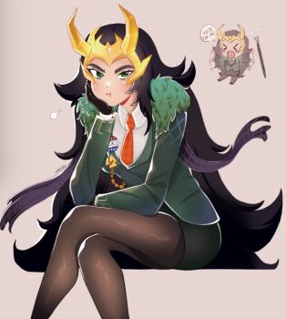 1girl alternate_form black_hair blush breasts chibi commentary english_commentary fake_horns formal_clothes gloves green_eyes hanjosi horns lady_loki loki_(marvel) loki_(presidential_attire)_(marvel) long_hair looking_at_viewer marvel marvel_rivals pantyhose skirt solo thor_(marvel)_(series) valknut_(symbol)