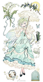 1girl blonde_hair blue_eyes classic_lolita dress flower frilled_dress frills full_body holding holding_umbrella layered_clothes layered_sleeves light_smile lily_of_the_valley lolita_fashion long_dress long_hair opleillle original puffy_sleeves ruched_hem sheep tag umbrella white_background