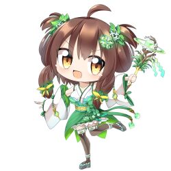 Rule 34 | 1girl, ahoge, bow, breasts, brown hair, brown thighhighs, character request, chibi, clover hair ornament, commentary request, cube, detached sleeves, four-leaf clover hair ornament, full body, green skirt, grey footwear, hair bow, hair ornament, hair rings, hair scrunchie, holding, holding wand, hop step jumpers, large breasts, leaf hair ornament, lets0020, looking at viewer, medium bangs, medium hair, nontraditional miko, okobo, open mouth, sandals, scrunchie, shirt, sidelocks, simple background, skirt, sleeveless, sleeveless shirt, smile, solo, thighhighs, transparent background, v-shaped eyebrows, wand, white shirt, white sleeves, yellow bow