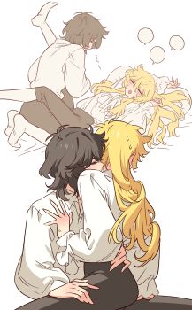 1boy 1girl andre_grandier black_hair black_pants blank_speech_bubble blonde_hair blush closed_eyes collared_shirt hand_on_another&#039;s_back hetero highres long_hair long_sleeves lying meremero multiple_views on_back on_bed open_mouth oscar_francois_de_jarjayes pants profile shirt short_hair sitting sitting_on_person speech_bubble sweatdrop versailles_no_bara white_background white_shirt