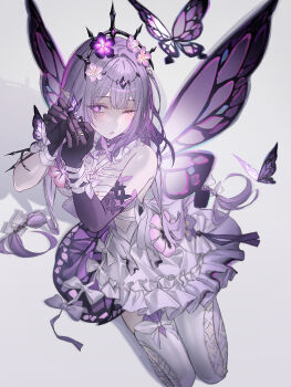 Rule 34 | 1girl, asymmetrical gloves, bare shoulders, black gloves, breasts, bug, butterfly, butterfly hair ornament, butterfly wings, castorice (honkai: star rail), commentary, dress, elbow gloves, flower, gloves, hair flower, hair ornament, highres, holding, holding hair ornament, honkai: star rail, honkai (series), insect, insect wings, legwear cutout, looking at object, medium breasts, neon (pixiv 31150749), one eye closed, pantyhose, pink flower, pointy ears, purple butterfly, purple hair, single elbow glove, single leg pantyhose, solo, symbol-only commentary, uneven gloves, white dress, white pantyhose, wings