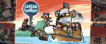 6+boys 6+girls absurdres alcina_dimitrescu animal ashley_graham beard bela_dimitrescu blue_headwear capcom cassandra_dimitrescu character_request chibi chun-li closed_mouth copyright_name copyright_request crossover daniela_dimitrescu dinosaur english_text facial_hair felyne highres jet_ski leon_s._kennedy logo mega_man_(series) mega_man_battle_network_(series) monster_hunter_(series) multiple_boys multiple_crossover multiple_girls ocean official_art official_wallpaper open_mouth resident_evil resident_evil_4 resident_evil_4_(remake) resident_evil_village ryu_(street_fighter) ship street_fighter volcano watercraft