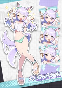 Rule 34 | 1girl, alternate costume, animal ears, bikini, breasts, character name, collarbone, commentary request, desert, food, full body, highres, horse ears, horse girl, kuroto mato, mejiro mcqueen (umamusume), navel, open mouth, purple eyes, sandals, simple background, small breasts, solo, sweets, swimsuit, umamusume