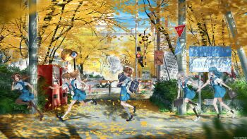 5girls absurdres alternate_hair_length alternate_hairstyle ankle_socks autumn_leaves ayanami_rei bag black_bag black_shoes black_socks blue_bag blue_eyes blue_hair blue_skirt botttomtext brown_hair brown_pantyhose brown_shoes character_request chasing check_character collared_shirt commentary_request day falling_leaves from_side genderswap genderswap_(mtf) ginkgo_tree glasses grey_hair hair_between_eyes hair_ornament hair_ribbon hairclip highres holding holding_another's_wrist holding_bag kirishima_mana kneehighs leaf loafers long_hair looking_at_another looking_back makinami_mari_illustrious mary_janes multiple_girls nagisa_kaworu neck_ribbon neon_genesis_evangelion outdoors pantyhose power_lines railroad_crossing red-framed_eyewear red_eyes red_ribbon ribbon road_sign running school_bag school_uniform shirt shoes short_hair short_sleeves sign skirt socks souryuu_asuka_langley suspender_skirt suspenders tokyo-3_middle_school_uniform twintails utility_pole variant_set vending_machine white_shirt white_shoes white_socks