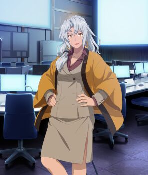 1girl breasts brown_jacket brown_skirt chair cleavage collarbone computer computer_keyboard computer_mouse dark-skinned_female dark_skin earrings feet_out_of_frame game_cg grey_hair hands_on_own_hips haori hoop_earrings indoors jacket japanese_clothes jewelry knee_up long_hair looking_at_viewer maniwa_sana mature_female medium_breasts monitor official_art orange_eyes orange_haori parted_bangs red_lips red_shirt shirt side_slit skirt smile solo swivel_chair third-party_source tile_floor tiles toji_no_miko toji_no_miko:_kizamishi_issen_no_tomoshibi