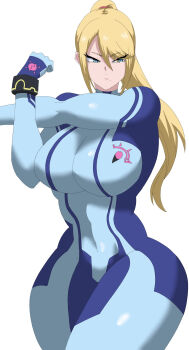1girl blonde_hair breasts huge_breasts long_hair metroid nintendo samus_aran zero_suit