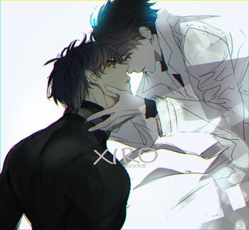 2boys black_eyes black_hair black_shirt coat curtained_hair forehead-to-forehead grabbing_another&#039;s_face hair_between_eyes hand_on_another&#039;s_face head_grab heads_together high_collar kim_dokja looking_at_another male_focus multiple_boys omniscient_reader&#039;s_viewpoint open_clothes open_coat parted_lips popped_collar shirt short_hair upper_body white_coat xiro yoo_joonghyuk