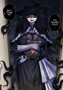 1girl absurdres black_hair black_hat black_lips book breasts cleavage colored_speech_bubble doorway english_text fangs frills gloves goth_fashion hair_ornament hat highres holding holding_book huge_breasts long_eyelashes long_hair long_sleeves looking_at_object looking_at_viewer mole mole_under_mouth multiple_views night open_mouth original rageman709 rain red_eyes slit_pupils speech_bubble tentacles tongue white_gloves