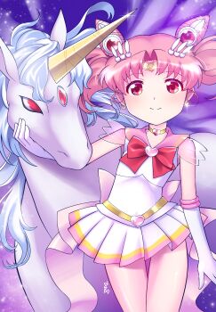 1girl 2026 bishoujo_senshi_sailor_moon bishoujo_senshi_sailor_moon_supers bow brooch chibi_usa child choker circlet closed_mouth cone_hair_bun cowboy_shot crescent crescent_earrings double_bun earrings elbow_gloves glint gloves hair_bun hair_ornament heart heart_brooch heart_choker helios_(sailor_moon) highres himehachi_(hime8manga) jewelry long_hair looking_at_viewer magical_girl miniskirt multicolored_skirt parted_bangs pegasus_(sailor_moon) pink_hair pink_sailor_collar pleated_skirt red_bow sailor_chibi_moon sailor_collar sailor_senshi_uniform skirt smile super_sailor_chibi_moon textless_version twintails unicorn white_gloves yellow_choker