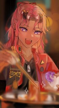 +_+ 1boy absurdres animification bad_food blurry blurry_foreground blush bokeh bowl censored censored_food chopsticks christian_banas collarbone commentary cooking_pot depth_of_field dog_tags english_commentary fake_horns genshin_impact headband highres holding holding_bowl holding_chopsticks horned_headwear horns jacket japanese_clothes jewelry kanako_(fuwachu) long_hair low_ponytail male_focus open_clothes open_jacket open_mouth pink_hair ponytail purple_eyes real_life red_jacket shirt sidelocks smile star-shaped_pupils star_(symbol) symbol-shaped_pupils tassel teeth tentacles thoma_(genshin_impact) upper_body upper_teeth_only voice_actor voice_actor_connection