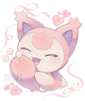 Rule 34 | animal focus, blush, cat, closed eyes, flower, gen 3 pokemon, highres, holding, holding own tail, iwasi 29, nintendo, no humans, open mouth, pink ribbon, pokemon, pokemon (creature), pokemon focus, ribbon, skitty, smile, tail