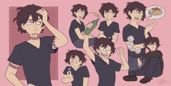 1boy arm_up black_shirt black_shoes blush brown_eyes brown_hair cheese closed_mouth commentary dated dice dog english_commentary food gab_(kyokugen_dasshutsu) grey_pants hand_on_own_head highres holding holding_jewelry holding_ring hot_dog_bun jewelry junpei_(kyokugen_dasshutsu) ketchup kyokugen_dasshutsu male_focus multiple_views open_mouth pants pink_background ring sagutoyas shirt shoes short_sleeves signature simple_background smile stitched_arm stitched_neck stitches t-shirt teeth upper_teeth_only v-neck zero_escape:_toki_no_dilemma