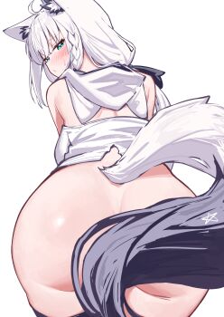 1girl :/ absurdres ahoge animal_ears animal_hood aqua_eyes ass bent_over black_ribbon black_thighhighs blush bottomless braid breasts commentary_request deaver fox_ears fox_girl fox_hood fox_tail hair_ribbon highres hololive hood hooded_vest hoodie long_hair looking_at_viewer looking_back low_ponytail medium_breasts paid_reward_available pentagram ponytail ribbon shirakami_fubuki side_braid simple_background single_braid single_thighhigh solo tail tail_censor thigh_strap thighhighs vest virtual_youtuber white_background white_hair white_vest