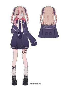 1girl black_shoes blazer blue_jacket blue_necktie blue_ribbon blue_sailor_collar blue_skirt cellphone closed_mouth collared_shirt colored_inner_hair commentary_request copyright_notice cropped_torso drill_hair eyepatch from_behind full_body grey_hair hair_intakes hair_ribbon heart holding holding_phone jacket lapels leg_ribbon leg_tattoo long_hair long_sleeves looking_at_viewer loose_socks makaino_ririmu medical_eyepatch miniskirt multicolored_hair multiple_views necktie nijisanji notched_lapels official_alternate_costume official_alternate_hairstyle official_art open_clothes open_jacket phone phone_with_ears pink_hair pink_streaks platform_shoes pleated_skirt pointy_ears potti-p rabbit_ear_smartphone_case red_eyes reference_sheet ribbon sailor_collar sample_watermark school_uniform shirt shirt_tucked_in shoes sidelocks simple_background skirt sleeves_past_fingers sleeves_past_wrists smartphone smartphone_case socks standing straight-on streaked_hair tattoo tie_clip turnaround two-tone_hair two_side_up virtual_youtuber watermark white_background white_shirt white_socks winged_heart winged_heart_tattoo