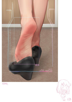 1girl absurdres alice_gear_aegis aomoro artist_name barefoot black_shoes border character_request check_character check_copyright chibi chibi_inset close-up commentary copyright_request feet feet_only foot_focus highres indoors removing_shoes shadow shoes smell soles solo standing standing_on_one_leg steaming_body symbol-only_commentary toes unworn_shoes white_border yotsuya_yumi