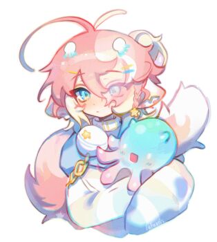 1girl animal_ears antenna_hair blue_eyes closed_mouth cloud_(lufaeris) creature cropped_torso hair_ornament hair_over_one_eye hairclip highres holding holding_creature long_sleeves original parallel_hairclips parted_bangs pink_hair short_hair simple_background solo tail white_background