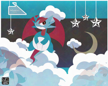 Rule 34 | brown eyes, claws, closed mouth, cloud, crescent moon, dragon, fang, gen 3 pokemon, meme (sleepsheep), moon, nintendo, no humans, pokemon, pokemon (creature), pokemon focus, red wings, salamence, skin fang, star (symbol), tail, wings