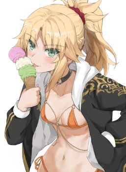 1girl bikini blonde_hair braid breasts chain choker fate/apocrypha fate_(series) food green_eyes hair_ornament hair_scrunchie half_up_braid highres holding holding_ice_cream_cone ice_cream ice_cream_cone jacket long_sleeves looking_at_viewer mordred_(fate) navel orange_bikini parted_bangs ponytail scrunchie side-tie_bikini_bottom sidelocks simple_background small_breasts solo swimsuit tonee tongue tongue_out white_background