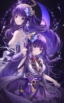 2girls alternate_costume alternate_hairstyle artist_name bare_shoulders blunt_bangs breasts cleavage closed_mouth commentary_request dress dual_persona earrings electricity flower genshin_impact hair_down hair_flower hair_ornament halo head_tilt highres jewelry large_breasts long_hair miaogujun mitsudomoe_(shape) mole mole_under_eye multicolored_hair multiple_girls neck_ribbon parted_lips pendant pout powering_up purple_background purple_dress purple_eyes purple_flower purple_hair raiden_shogun red_ribbon ribbon sleeveless sleeveless_dress streaked_hair tomoe_(symbol) upper_body white_dress