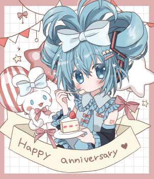 1girl absurdres balloon blue_eyes blue_hair blush border bow cake chiko_(star_pocco) cinnamiku cinnamoroll collared_shirt commentary_request detached_sleeves food fork frilled_shirt_collar frilled_sleeves frills fuwa_fuwa_cinnamoroll grid_background hair_bow hair_ornament hairclip happy_anniversary hatsune_miku headphones highres holding holding_fork holding_plate long_sleeves necktie pink_border plate sanrio shirt sleeveless sleeveless_shirt star_(symbol) star_balloon star_hair_ornament strawberry_shortcake string_of_flags updo vocaloid