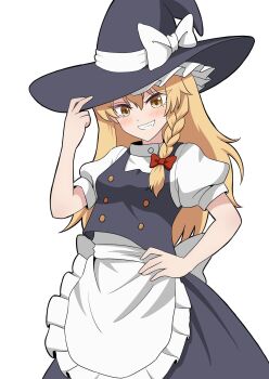 Rule 34 | 1girl, apron, back bow, black hat, black skirt, black vest, blonde hair, blush, bow, braid, commentary request, cowboy shot, grin, hair bow, hand on headwear, hat, hat bow, highres, kirisame marisa, kiyo (tomoki6107), long hair, puffy short sleeves, puffy sleeves, red bow, short sleeves, side braid, simple background, single braid, skirt, smile, solo, touhou, very long hair, vest, waist apron, white apron, white background, white bow, witch hat, yellow eyes