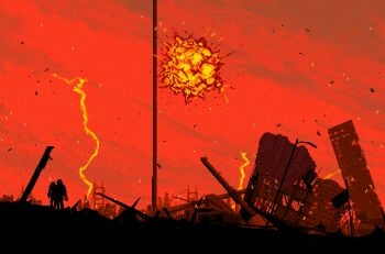Rule 34 | 1boy, 1girl, after battle, ashes, bridge, city, commentary, debris, destruction, embers, english commentary, explosion, highres, lightning, mikecraftz, military, orange sky, pixel art, project wingman, rebar, rubble, ruins, scenery, sky, suspension bridge, transmission tower, weapon, wreckage