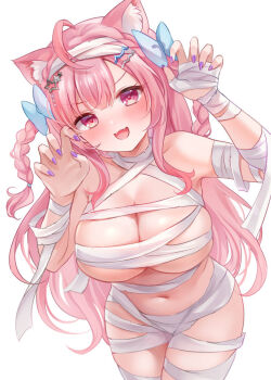 1girl ahoge animal_ears bandaged_arm bandaged_chest bandaged_head bandaged_leg bandaged_neck bandaged_wrist bandages blue_bow blush bow braid breasts cat_ears cat_girl cat_hair_ornament claw_pose cleavage collarbone commentary fangs fingernails hair_bow hair_ornament hairclip indie_virtual_youtuber large_breasts long_hair looking_at_viewer mummy_costume nail_polish naked_bandage navel nikoo open_mouth pink_eyes pink_hair purple_nails simple_background smile solo star_(symbol) star_hair_ornament stomach thighs two_side_up virtual_youtuber white_background yuuki_sakuna