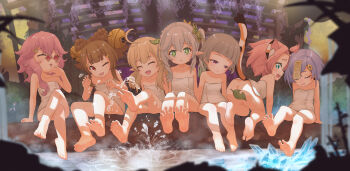 6+girls ahoge animal_ears bare_legs bare_shoulders barefoot blonde_hair cat_ears cat_tail chinese_commentary closed_eyes commentary_request convenient_censoring crossed_legs dated_commentary diona_(genshin_impact) dori_(genshin_impact) female_focus flat_chest full_body genshin_impact glasses green_eyes highres huan_yu klee_(genshin_impact) leaf loli looking_at_viewer multiple_girls nahida_(genshin_impact) ojou-sama_pose open_mouth pink_hair qiqi_(genshin_impact) red_eyes revision sayu_(genshin_impact) soles splashing tail toes towel water yaoyao_(genshin_impact)