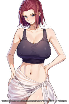 1girl 2024 artist_name black_panties black_tank_top blue_eyes breasts celyn404 code_geass commission hands_on_own_hips highres huge_breasts kouzuki_kallen large_breasts looking_at_viewer navel panties parted_bangs red_hair tank_top thighs towel towel_around_waist underwear white_background