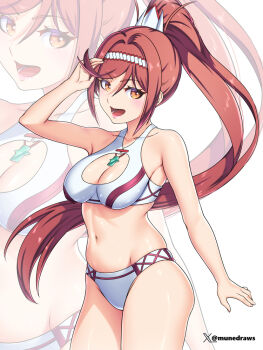 1girl bikini brown_hair commission cowboy_shot etchimune glimmer_(xenoblade) high_ponytail long_hair ponytail solo_focus swimsuit very_long_hair white_bikini xenoblade_chronicles_(series) xenoblade_chronicles_3 yellow_eyes zoom_layer