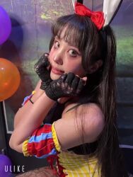 1girl adapted_costume animal_ears animated arm_support asian black_gloves black_hair curvy fake_animal_ears fishnet_pantyhose fishnets gloves hair_bun halloween_costume highleg highleg_leotard japanese_(nationality) leotard lips long_hair looking_at_viewer looking_to_the_side makeup model pantyhose photo_(medium) photo_(object) playboy_bunny rabbit_ears real_life ririkana runny_makeup shiny_clothes shiny_skin simple_background skindentation smile solo sound squatting tagme video wide_hips yellow_leotard