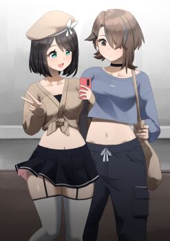 2girls absurdres aqua_eyes asymmetrical_bangs bag beret black_choker black_garter_straps black_hair black_skirt blue_sweater borrowed_character breasts brown_cardigan brown_eyes brown_hair brown_hat cardigan cellphone choker closed_mouth collarbone crop_top crop_top_overhang cropped_sweater expressionless eyebrows_hidden_by_hair fav_faris garter_straps grey_pants grey_thighhighs hair_over_one_eye hat highres holding holding_phone long_bangs long_sleeves midriff miniskirt multiple_girls navel one_eye_covered open_mouth original pants phone pleated_skirt short_hair shoulder_bag skirt sleeves_past_wrists smartphone smile standing sweater thighhighs v zettai_ryouiki