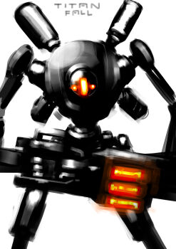 absurdres glowing glowing_eye highres humanoid_robot jetpack machine mecha mecha_focus nakamu512 no_humans northstar_(titanfall) one-eyed orange_eyes partially_colored pr-01_plasma_railgun railgun robot science_fiction titan_(titanfall) titanfall_(series) titanfall_2