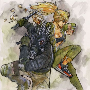 1boy 1girl bandeau black_bandeau blonde_hair breasts brown_pants caiman_(dorohedoro) cleavage commentary_request dorohedoro dumpling food gas_mask green_jumpsuit gyoza_man head_spikes hitsuki_(hiidukii) holding holding_knife holding_plate jiaozi jumpsuit knee_pads knife mask medium_breasts nikaidou_(dorohedoro) painting_(medium) pants plate ponytail reverse_grip shoes sneakers traditional_media watercolor_(medium)