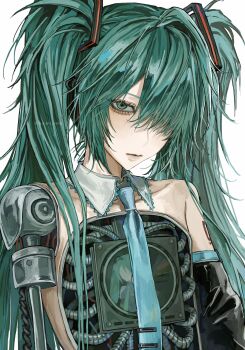 1girl absurdres airen_kori blue_necktie cable closed_mouth collar collarbone detached_collar detached_sleeves eyelashes frilled_collar frills green_eyes hair_over_one_eye hatsune_miku highres lips looking_at_viewer mechabare necktie one_eye_covered shoulder_tattoo simple_background single_detached_sleeve solo tattoo twintails twitter_username upper_body vocaloid white_background wing_collar