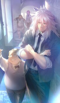 1girl 3boys age_difference aged_down anger_vein angry aqua_eyes arm_up arms_at_sides belt black_necktie black_pants black_pantyhose black_skirt blonde_hair blue_eyes bow bowtie brown_belt brown_hair brown_pants child closed_eyes closed_mouth collared_shirt commentary cowboy_shot crossed_arms dress_pants dress_shirt epaulettes expressionless facial_mark fat fat_man fate/apocrypha fate/grand_order fate_(series) father_and_son glowing glowing_tattoo gordes_musik_yggdmillennia goredolf_musik grey_background grey_jacket indoors jacket lapels light_particles light_rays light_smile long_hair long_sleeves looking_at_another male_focus medium_hair multiple_boys neck_tattoo necktie nekotawawa notched_lapels official_art open_mouth pants pantyhose parted_lips pointing purple_bow purple_bowtie purple_vest shirt shoes short_hair shouting siegfried_(fate) skirt smile stairs standing sunbeam sunlight sweater_vest tattoo teeth third-party_source toole_(fate) traditional_bowtie v-shaped_eyebrows vest walking white_hair white_jacket white_pants white_shirt white_shoes