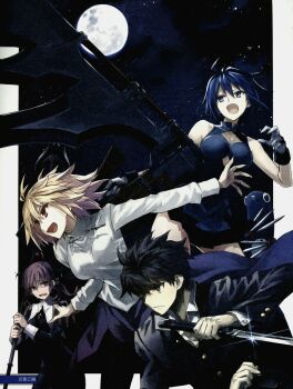 1boy 3girls ahoge arcueid_brunestud arms_at_sides blonde_hair blue_eyes blue_hair breasts brown_eyes brown_hair ciel_(tsukihime) cleavage_cutout clothing_cutout cross cross_necklace fighting_stance fingernails floating_hair folding_knife full_moon gloves hair_intakes hair_ornament hair_scrunchie highres holding holding_polearm holding_weapon jewelry knife konoe_ototsugu looking_at_another mole mole_under_mouth moon multiple_girls mystic_eyes_of_death_perception nanatsu-yoru necklace night night_sky noel_(tsukihime) non-web_source nun official_art partially_shaded_face polearm powered_ciel purple_skirt red_arcueid red_eyes reverse_grip scared school_uniform scrunchie seventh_holy_scripture sharp_fingernails shirt short_hair side_ponytail side_slit skirt sky sleeveless sleeveless_shirt smile souya_high_school_uniform sweater switchblade tohno_shiki tsukihime tsukihime_(remake) tunic turtleneck turtleneck_sweater wavy_hair weapon white_gloves wing_collar