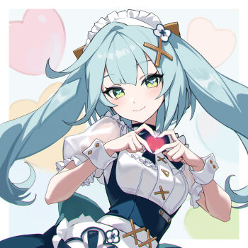 1girl absurdres apron aqua_hair aqua_pupils blue_nails closed_mouth commentary_request faruzan_(genshin_cafe_in_seoul)_(genshin_impact) faruzan_(genshin_impact) genshin_impact green_eyes hair_ornament hands_up heart heart_hands highres long_hair looking_at_viewer maid maid_apron maid_headdress nail_polish official_alternate_costume puffy_short_sleeves puffy_sleeves shali short_sleeves smile solo symbol-shaped_pupils triangle-shaped_pupils twintails upper_body waist_apron white_apron white_wrist_cuffs wrist_cuffs x_hair_ornament