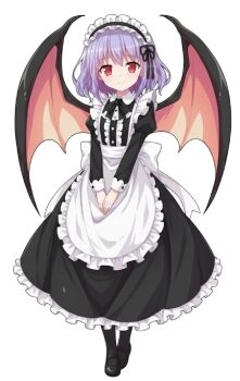 1girl apron bat_wings black_shoes blush bow dress embodiment_of_scarlet_devil frills highres looking_at_viewer maid maid_apron maid_headdress non-web_source purple_hair red_eyes remilia_scarlet ribbon scarlet shoes short_hair simple_background smile solo touhou wings