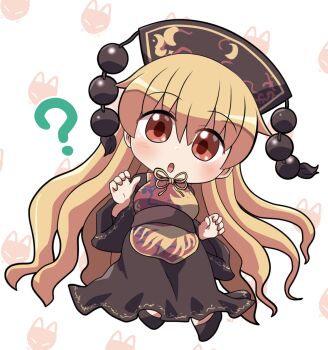 1girl :o ? black_dress black_shoes blonde_hair blush chibi chibi_only commentary_request dalachi_(headdress) dress full_body hair_between_eyes highres junko_(touhou) junko_day long_hair long_sleeves looking_at_viewer neck_ribbon open_mouth red_eyes ribbon rokugou_daisuke shoes signature solo touhou very_long_hair wide_sleeves yellow_ribbon
