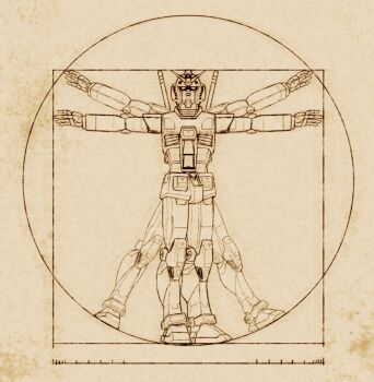 commentary english_commentary fine_art_parody gundam highres looking_at_viewer mecha mobile_suit mobile_suit_gundam no_humans open_hands parody robot rx-78-2_gundam science_fiction solo spread_eagle_position strictly_mecha v-fin vitruvian_man