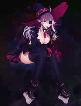 1girl absurdres black_gauntlets black_thighhighs breasts cleavage eyepatch gauntlets general_geega grey_hair hat heterochromia high_heels highres indie_virtual_youtuber large_breasts long_hair n0r0 platform_heels pointy_ears single_gauntlet skull_brooch thighhighs thighs virtual_youtuber witch witch_hat