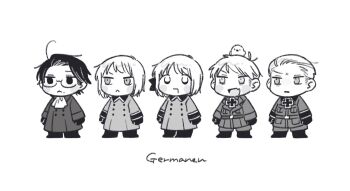 1girl 4boys :< ahoge animal animal_on_head ascot austria_(hetalia) axis_powers_hetalia baby_animal baggy_pants beak belt bird bird_on_head bird_wings blush_stickers boots bow breast_pocket brother_and_sister brothers buttons chibi chibi_only chick clenched_hands closed_mouth collared_coat collared_jacket commentary_request cross fang full_body germany_(hetalia) gilbird glasses gloves greyscale hair_bow half-closed_eyes highres iron_cross jacket lapels liechtenstein_(hetalia) long_sleeves looking_afar looking_at_another mi_aph_to military military_jacket military_uniform mole mole_under_mouth monochrome multiple_boys on_head open_mouth pants pet pocket prussia_(hetalia) semi-rimless_eyewear short_hair siblings skin_fang smile standing switzerland_(hetalia) wings
