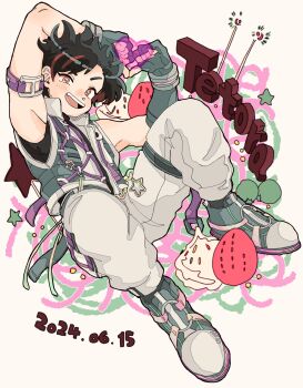 1boy arm_belt arms_up belt black_hair character_name chokki_01 dated ensemble_stars! fingerless_gloves floating full_body gloves grey_gloves grey_vest heart heart_hands highres looking_at_viewer multicolored_hair nagumo_tetora open_clothes open_mouth open_vest pants purple_belt shirt short_hair sleeveless sleeveless_shirt smile solo streaked_hair teeth thumbs_down thumbs_down_heart_hands upper_teeth_only vest white_pants