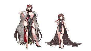 2girls above-cleavage_cutout absurdres aged_down bare_shoulders black_dress blush bracelet braid braided_ponytail breasts brown_eyes brown_hair center_opening china_dress chinese_clothes cleavage clothing_cutout covered_navel dango dress dual_persona earrings fate/grand_order fate_(series) feather_boa flower food full_body gold_trim grin hair_flower hair_ornament high_heels highres jewelry large_breasts lily_servant long_hair looking_at_viewer multiple_girls pear-shaped_figure pelvic_curtain petite shibao_aoyama short_dress side_slit sideless_outfit single_braid small_breasts smile thigh_strap very_long_hair wagashi yu_mei-ren_(fate)