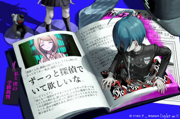 Rule 34 | 1boy, 2girls, ahoge, akamatsu kaede, black jacket, blonde hair, blood, blood stain, blue hair, blush, book, buttons, collared jacket, commentary request, danganronpa: trigger happy havoc, danganronpa (series), danganronpa v3: killing harmony, distortion, double-breasted, eyelashes, figure, from above, hat, highres, jacket, kirigiri kyoko, long hair, long sleeves, mini person, monokuma, multiple girls, open book, out of frame, papers, perspective, pink blood, pinstripe jacket, pinstripe pattern, portal (object), saihara shuichi, school uniform, shadow, shirt, short hair, smile, spoilers, striped clothes, striped jacket, sukizukiko, surreal, translation request, twitter username, unworn hat, unworn headwear