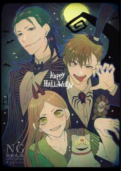 1girl 2boys award_ribbon bat_(animal) black_eyes black_hat black_jacket black_suit brown_eyes brown_hair cat chainsaw_man cosplay cross-shaped_pupils denji_(chainsaw_man) dress earrings formal_clothes ghost_costume green_dress grin hair_slicked_back hat hayakawa_aki highres jack_skellington jack_skellington_(cosplay) jacket jewelry long_hair looking_at_viewer mayor_of_halloween_town mayor_of_halloween_town_(cosplay) meowy_(chainsaw_man) moon multiple_boys night open_mouth outdoors patchwork_clothes pinstripe_pattern pinstripe_suit sally_(nbc) sally_(nbc)_(cosplay) sharp_teeth smile stitched_arm stitched_face stitches stud_earrings suit suit_jacket symbol-shaped_pupils taka_gyoku teeth the_nightmare_before_christmas tongue tongue_out yellow_eyes zero_(nbc) zero_(nbc)_(cosplay)